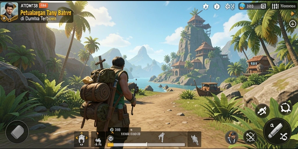 Tangkapan layar gameplay ATOM138 menampilkan eksplorasi alam bebas yang menakjubkan.