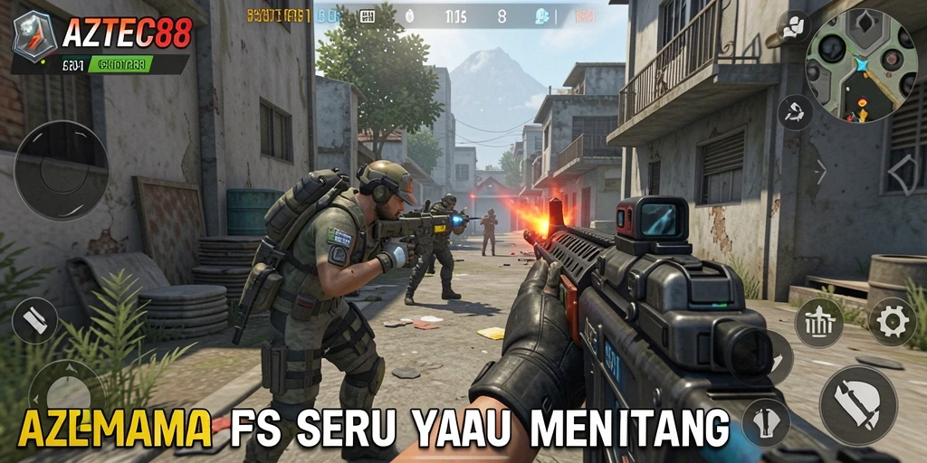 Tampilan gameplay AZTEC88 dengan aksi tembak-menembak yang intens.