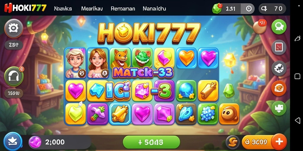 Screenshot gameplay HOKI777 menampilkan kombinasi permata berwarna-warni di level yang menantang.