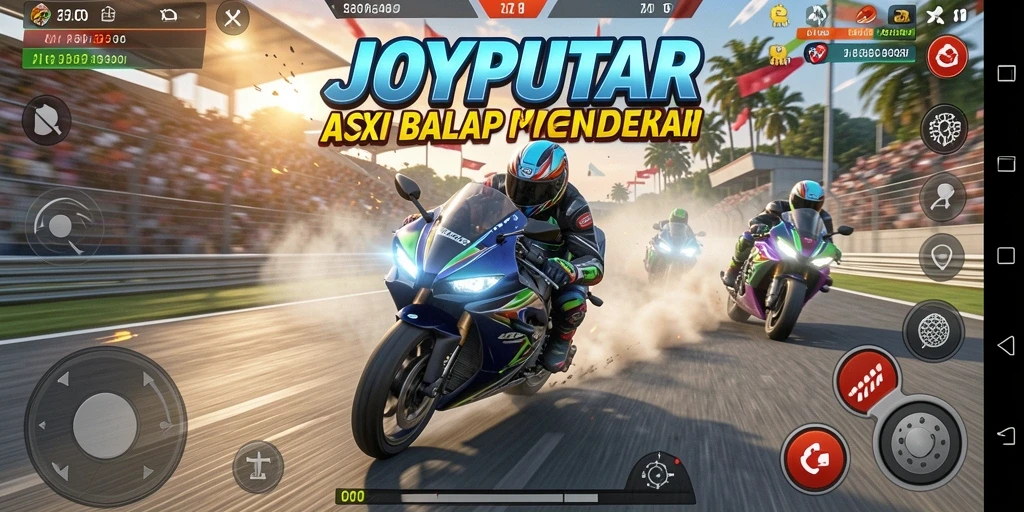 Screenshot utama JOYPUTAR menampilkan aksi balapan motor yang mendebarkan.