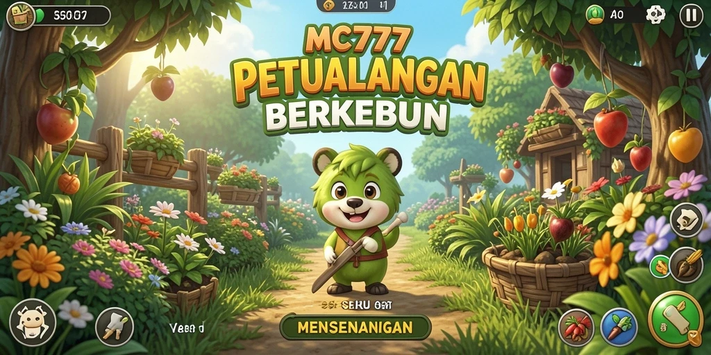 Screenshot gameplay menunjukkan ladang yang subur dan hewan ternak yang sehat.