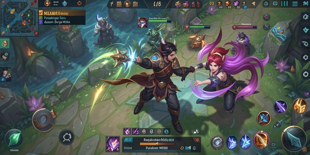 Tampilan permainan MOBA yang seru dan penuh aksi.