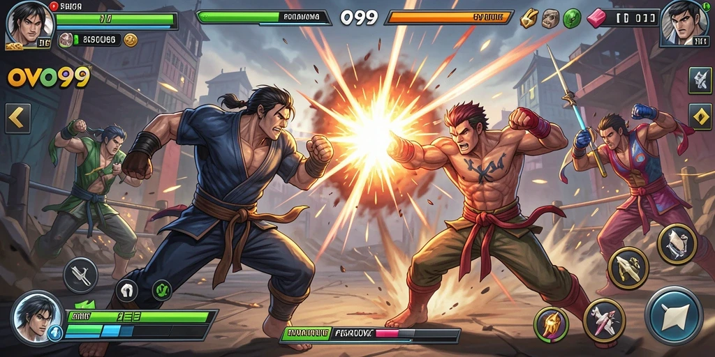 Tangkapan layar gameplay OVO99 menampilkan pertarungan yang intens dan karakter yang dinamis.