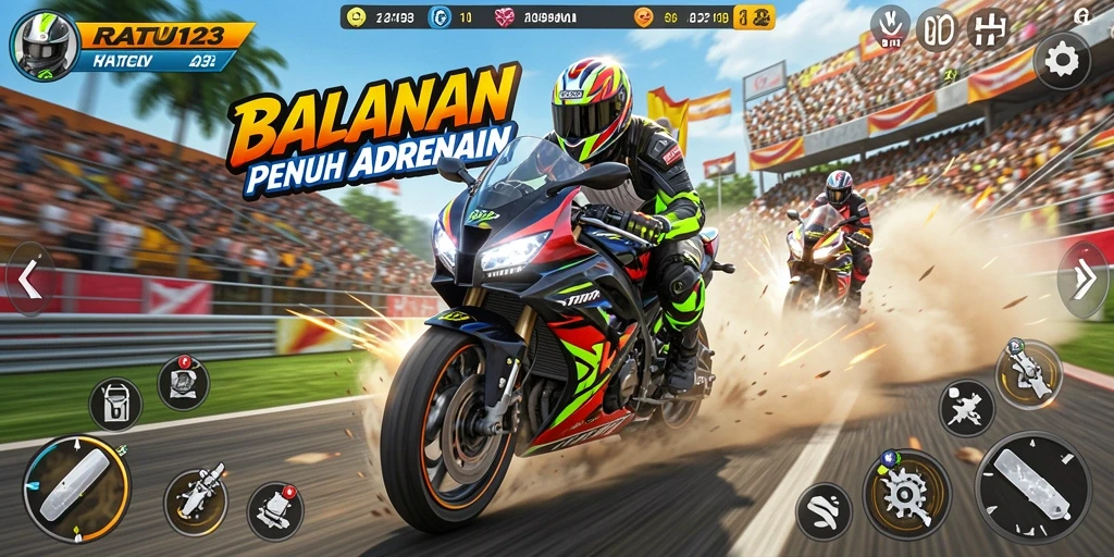 Screenshot RATU123 menampilkan aksi balapan motor yang seru dan mendebarkan.