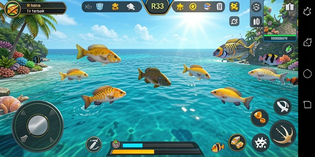 Screenshot gameplay RR33 menampilkan aksi tembak ikan yang seru.